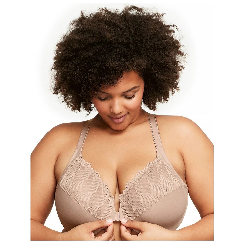 Glamorise Wonderwire Front Closure T Back Bra Cafe Size‎ 34G Nude Tan Cream Lace